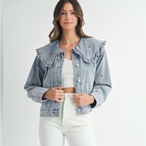 Anthropologie Blue Jean Jacket with Embroidered Details